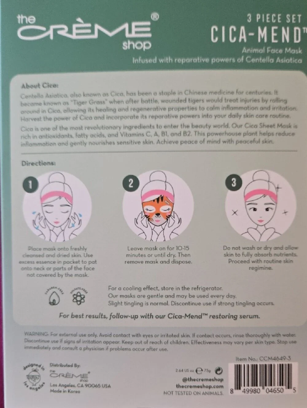 The Crème Shop CICA-MEND - Soothing Sheet Mask 3 Pack. For Sensitive Skin.